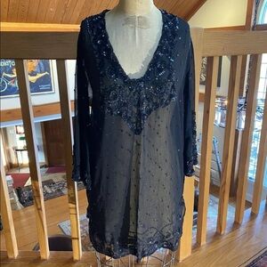 Newport News Black Sheer Sequin V-Neck Tunic Top Women’s Large NWT
